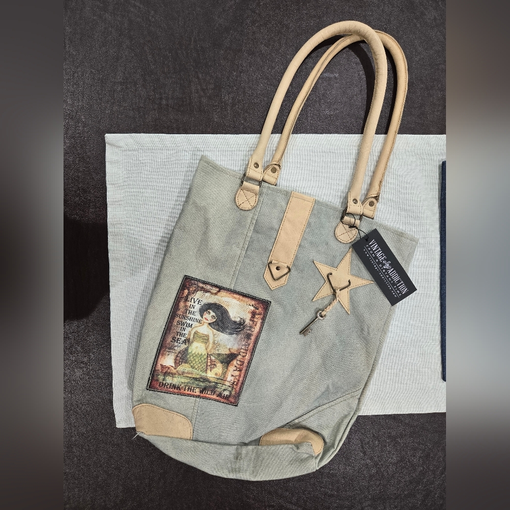 Tote / Leather & Cotton Mermaid Bag / New With Tag / Vintage